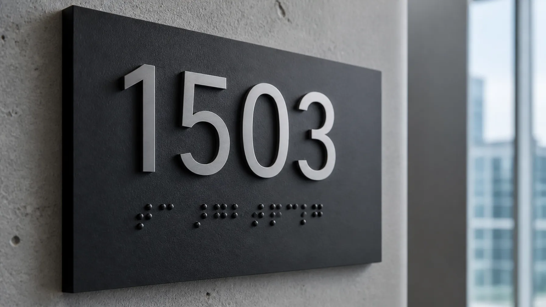 Close-up of tactile braille characters and raised lettering on a professional room identification sign